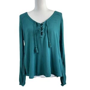 Hollister Women's M Teal Boho Blouse with Lace-Up Neck and Tassles